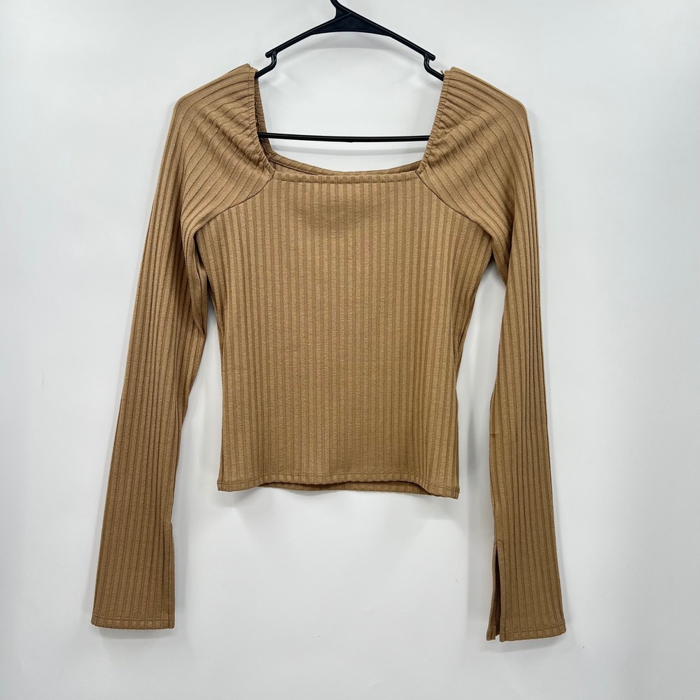 Madewell Small Ribbed Square Neck Top Womens Tan Long Sleeve Split Cuff Slim Fit